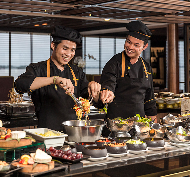 Chefs preparing food on board Scenic Spirit, Mekong river