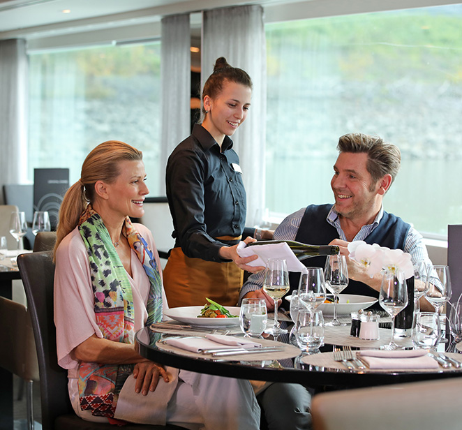 Guests dining on board a scenic space-ship, Budapest