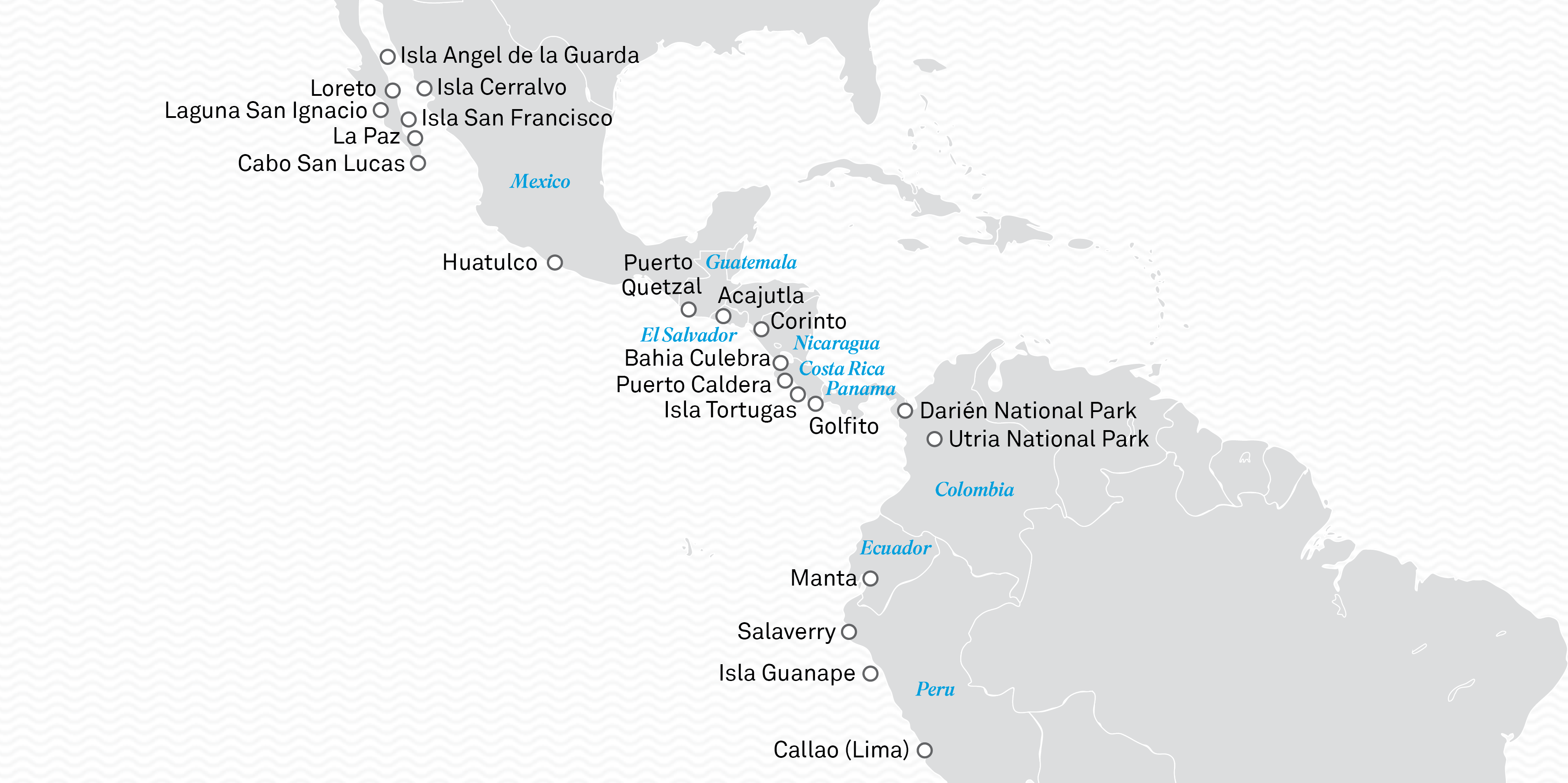 Map of cruise stops in Central America
