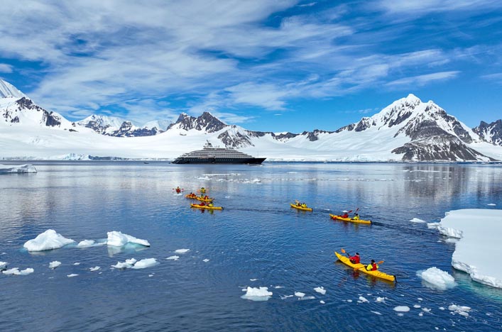 Scenic Eclipse I guests kayaking in Laubeuf Fjord, Antarctica