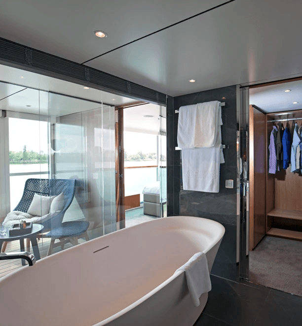 The luxurious bath in the Royal Owner’s Suite bathroom on the Scenic Diamond cruise ship. 